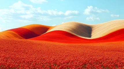 Gordijnen Vibrant rolling hills landscape with red and orange flowers © DIDIK