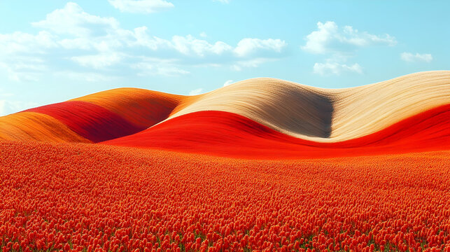 Vibrant rolling hills landscape with red and orange flowers
