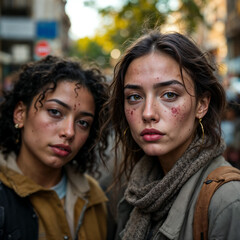 Two young women with blemishes in urban setting