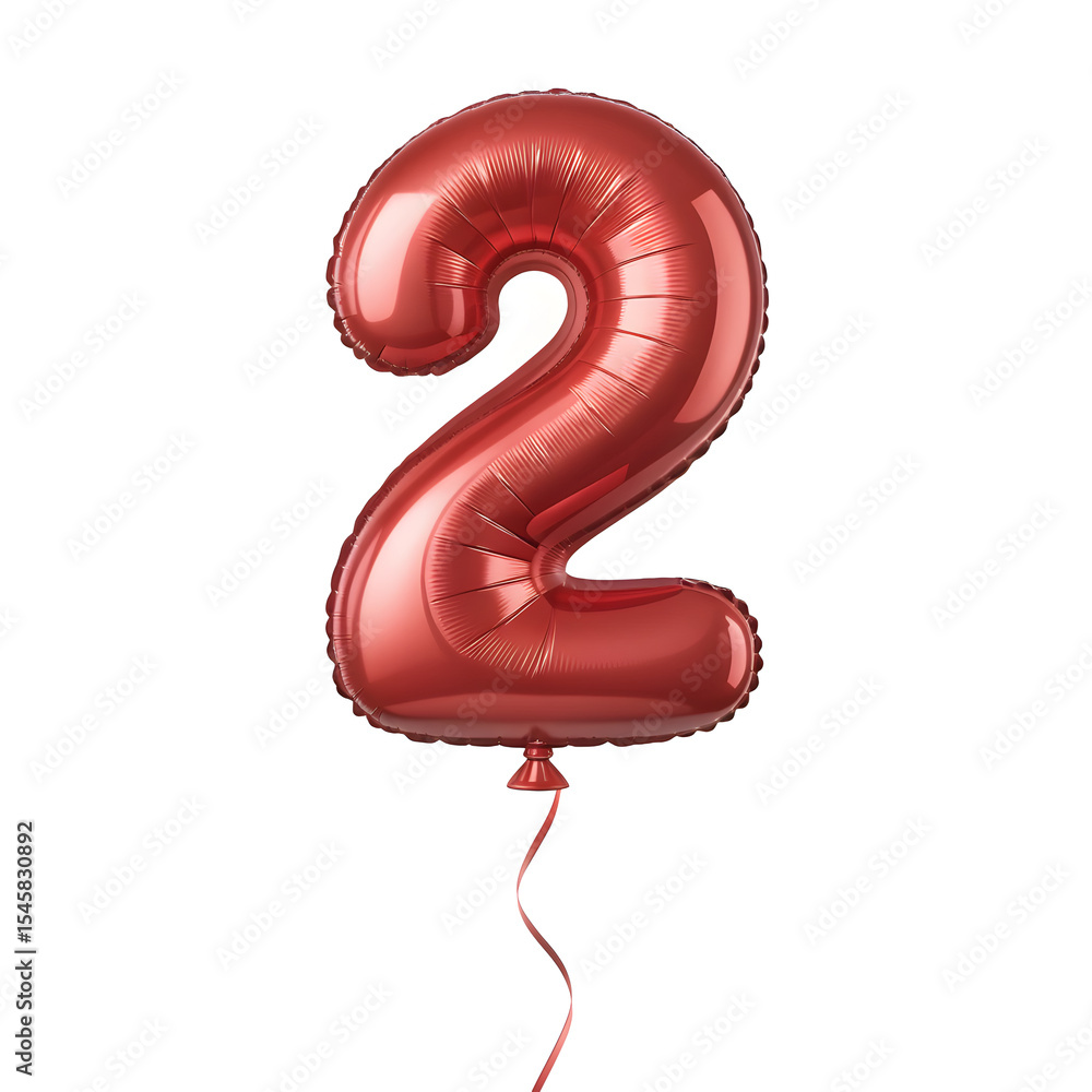 Fototapete A balloon shaped like the number 2,glossy red metallic finish with realistic reflections and smooth texture.
