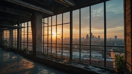 Fototapeta premium Sunrise City View from Industrial Loft Interior