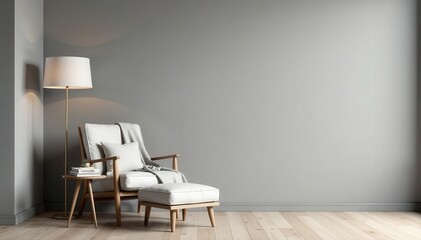 Minimalist Nordic living room Grey wall, armchair, blanket, lamp, bookstand, wooden floor , simple, reading
