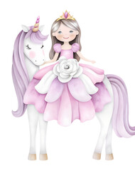 Watercolor princess riding a unicorn on transparent background.