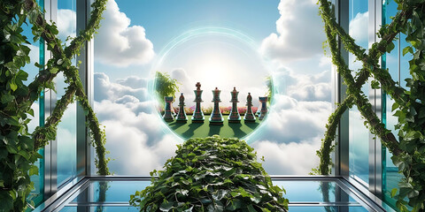 Lush green plants around futuristic chess set

