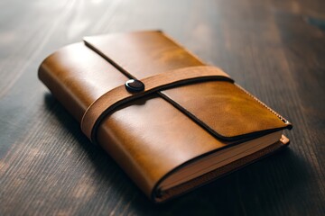 Handcrafted leather journal with clasp on dark wooden table