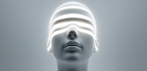 Futuristic 3D illustration of a white robotic head with glowing golden light lines wrapped around its face. Minimal tech concept on gray background