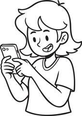  Girl looking at phone with short hair smiling