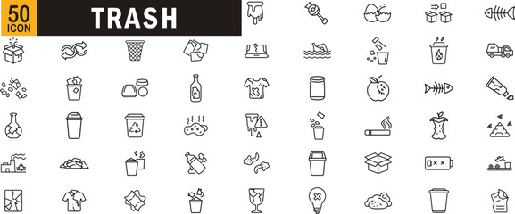 Trash editable outline icon set. Garbage recycling waste management litter bin compost biodegradable plastic and more.
