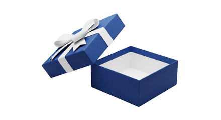 Open blue gift box with white ribbon