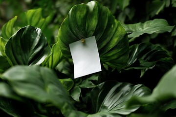 Stock photo of green plants with blank card for message template nature background and copy space area
