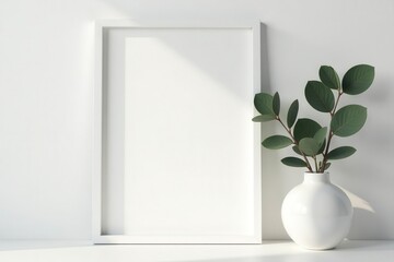 White frame mockup, minimalist interior, eucalyptus branch , greenery, minimalist
