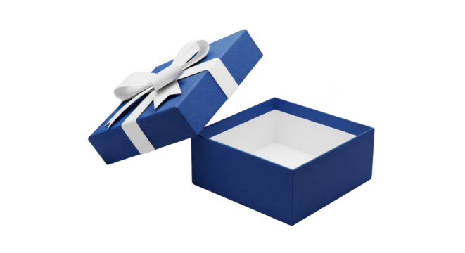 Open blue gift box with white ribbon
