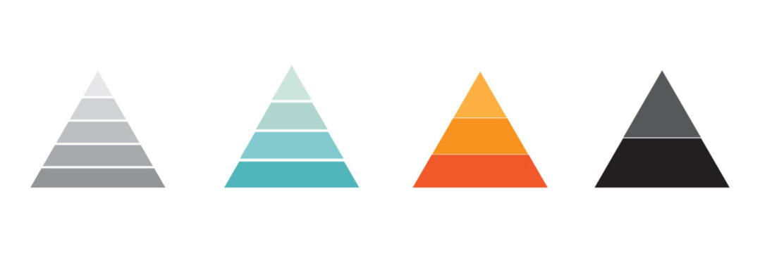 Pyramid infographic set. Colorful vector triangle diagram, triangular pyramid infographics, designed for business presentations, charts, educational materials. pyramid diagrams with ascending levels.