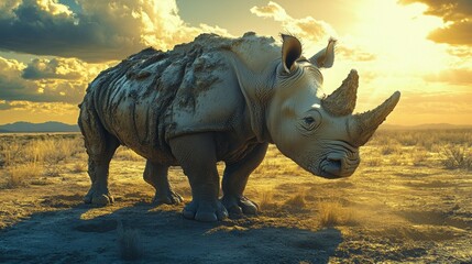Fototapeta premium Rhino covered in dry mud under bright sun, side profile
