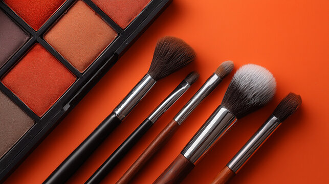 Cosmetic palette with brushes on orange surface
