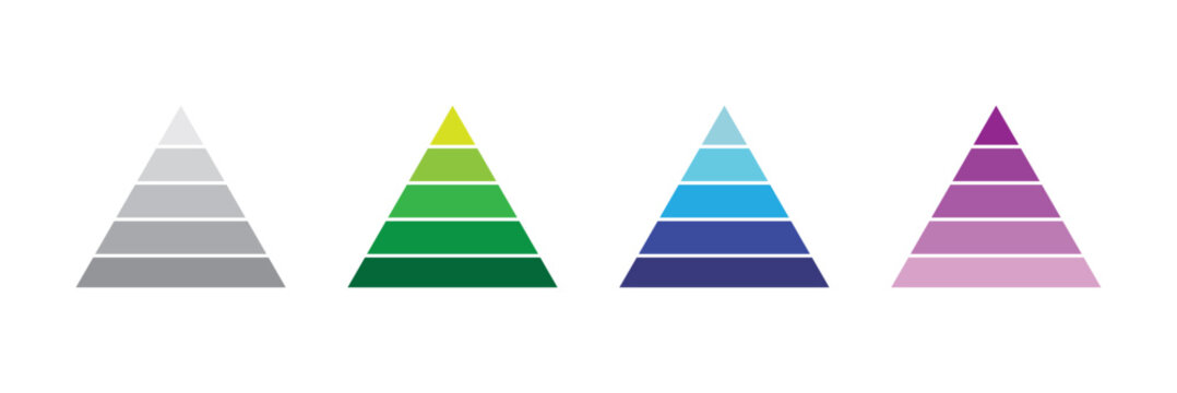 Levels of triangular pyramid. Half triangle pyramid chart. Maslow layer diagram. Development level infographic. Business graph. Vector illustration isolated on white background. 