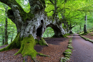 serene forest path lined with ancient trees, their gnarled trunks covered vibrant green moss, invites exploration