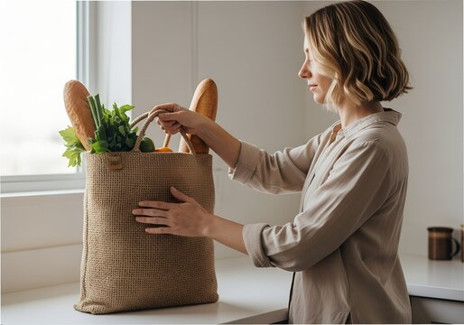 Woman unpacking groceries from eco-friendly bag in modern kitchen  