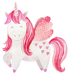 Watercolor pink unicorn with wings on transparent background.