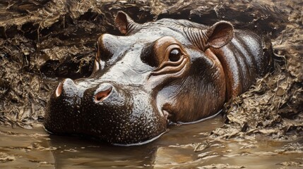 Pygmy Hippopotamus Partially Submerged Shallow