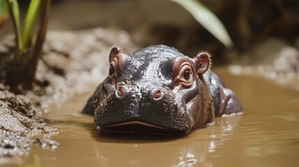 Fototapeta premium Pygmy hippopotamus partially submerged in a shallow muddy waterhole