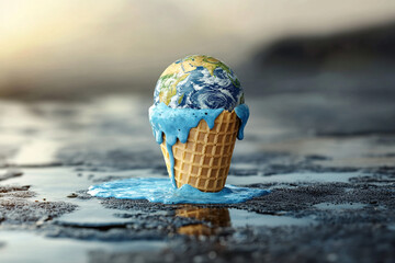 Melting Earth globe ice cream cone global warming climate change