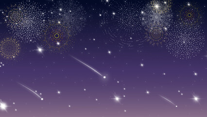 Fototapeta premium Elegant fireworks sparkle across a dreamy purple night sky with falling stars. Ideal for New Year, festival celebrations, Diwali, or romantic evening-themed backgrounds and invitations.