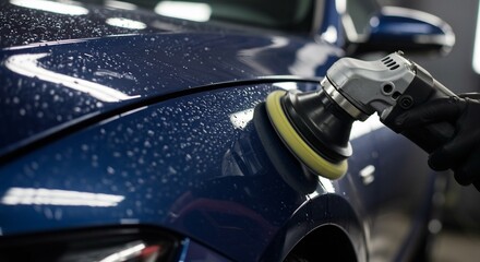 Polishing a Wet, Deep Blue Car Surface with a Rotary Buffer for a Flawless Finish