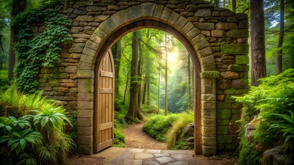 Fototapeta premium Stone archway gate opens to a sunlit forest path, lush green foliage surrounds