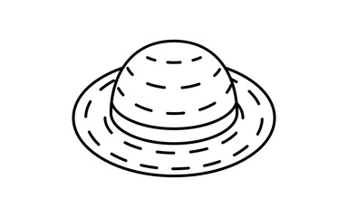 麦わら帽子のシンプルな線画イラスト、夏のアイソメトリックイラスト