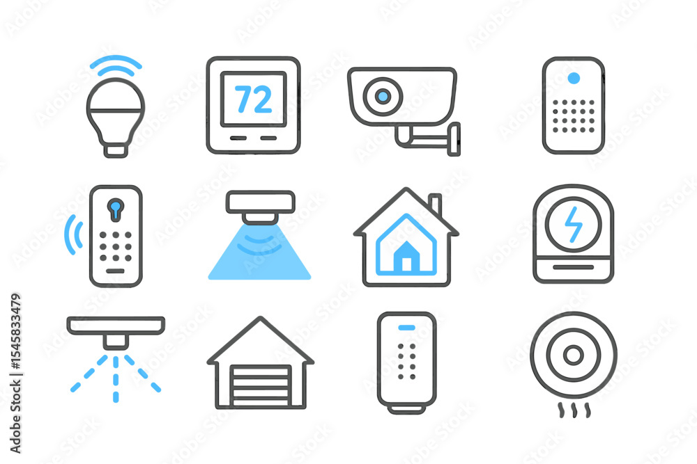 Poster smart home icons displaying various connected devices on gradient background