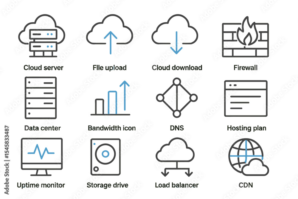 Poster technology network icons with cloud servers and data center symbols
