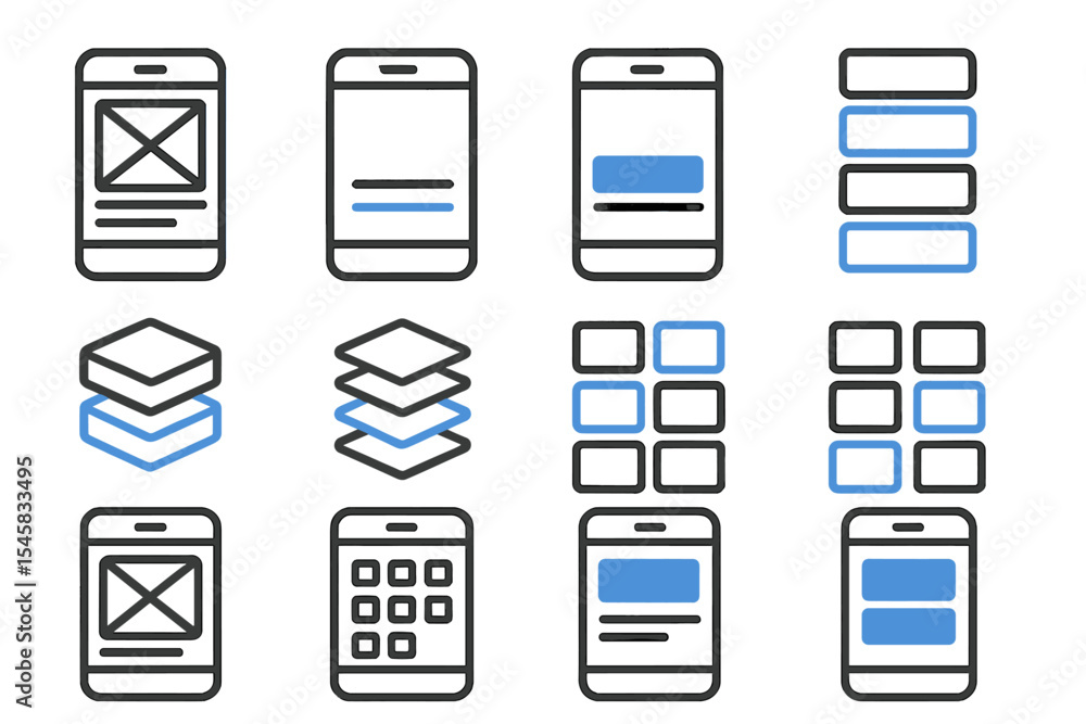Poster mobile app design icons with blue highlights and interface elements