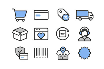 E-commerce icon set: shopping cart, payment, delivery, support, discount