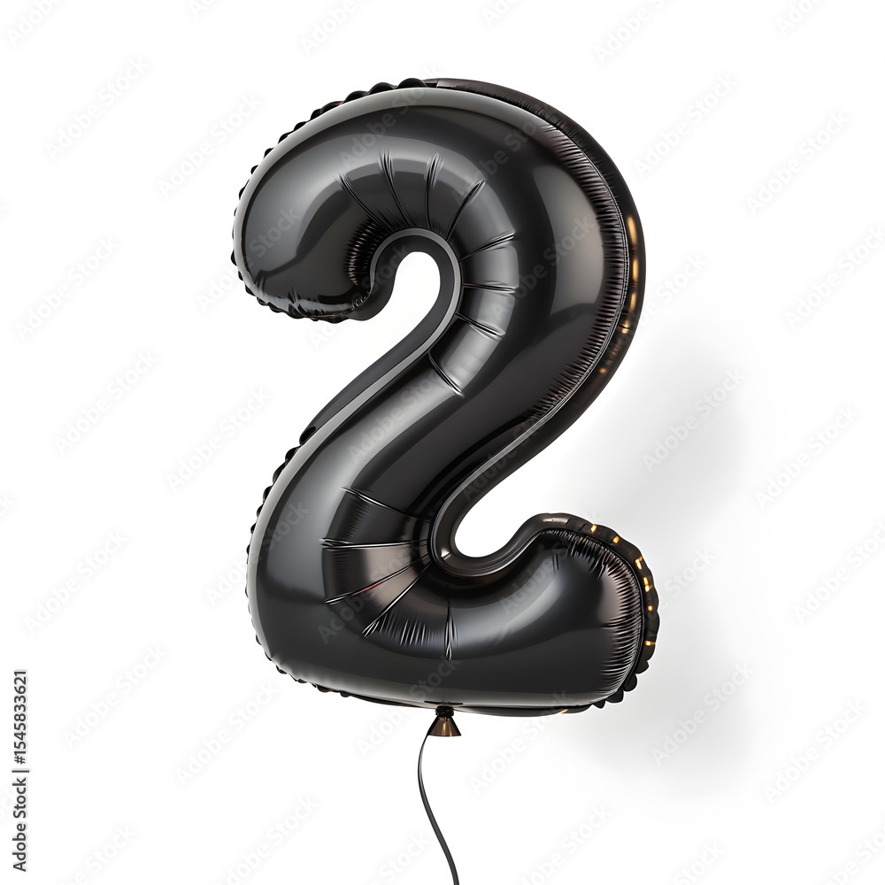 Fototapete a balloon shaped like the number 2,matte black metallic finish with realistic reflections and smooth