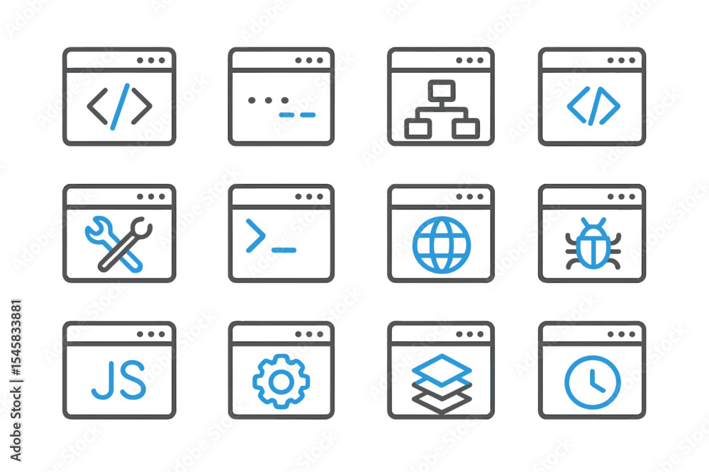Poster collection of software development and web design icons with blue highlights