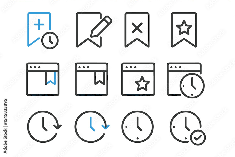 Poster collection of minimalist bookmark and clock icons with highlighted features