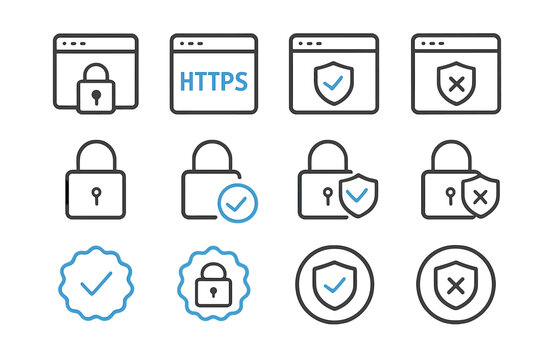 Secure website icons with lock, shield, https, privacy symbols on metallic background