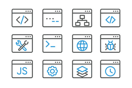 Collection of software development and web design icons with blue highlights