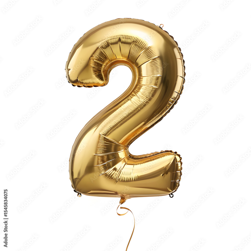 Fototapete a balloon shaped like the number 2,gold metallic finish with realistic reflections and smooth textur