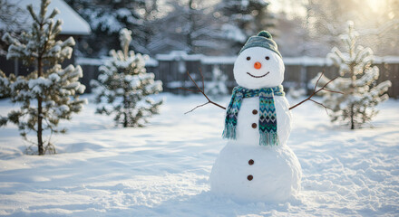 Obraz premium Cheerful Snowman in Winter Wonderland Snowy Landscape with Evergreen Trees