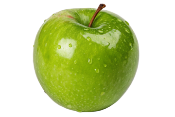 Stock photo of fresh green apple with water droplets for healthy eating and fruit nutrition concepts