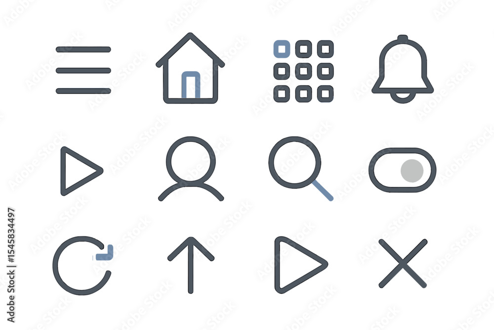 Poster set of glowing interface icons on dark background with subtle stripes