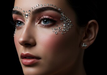 Rhinestone Adorned Beauty: Close-Up of a Woman's Face with Sparkling Embellishments