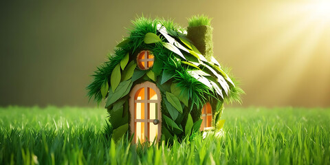 A whimsical green house made of leaves and grass