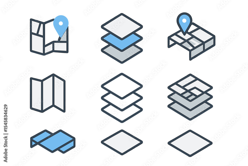 Poster abstract map and layer icons in blue and gray theme