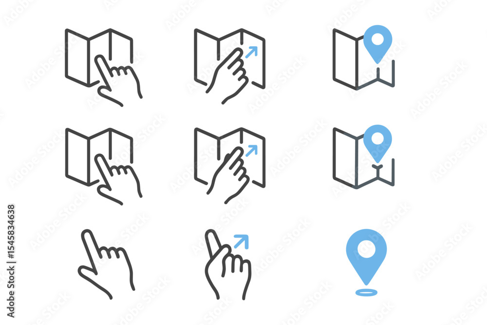 Aufkleber digital map icons with hand gestures and location markers