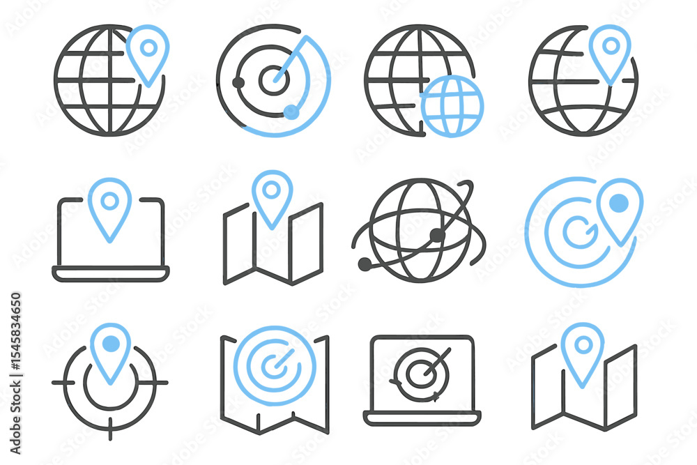 Poster blue glowing global icon set with location and map symbols on dark background
