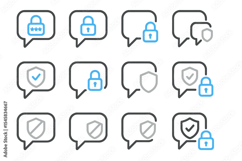 Poster secure chat icons with locks and shields in blue and gray tones