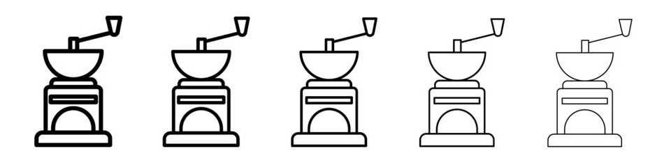 Manual coffee grinder icon thin outline logo mark set
